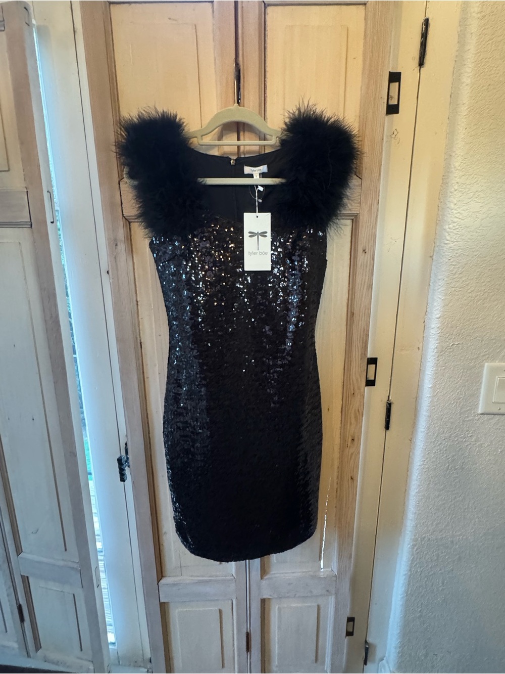 Tyler Boe Black Sequin Dress with Feather Trim
